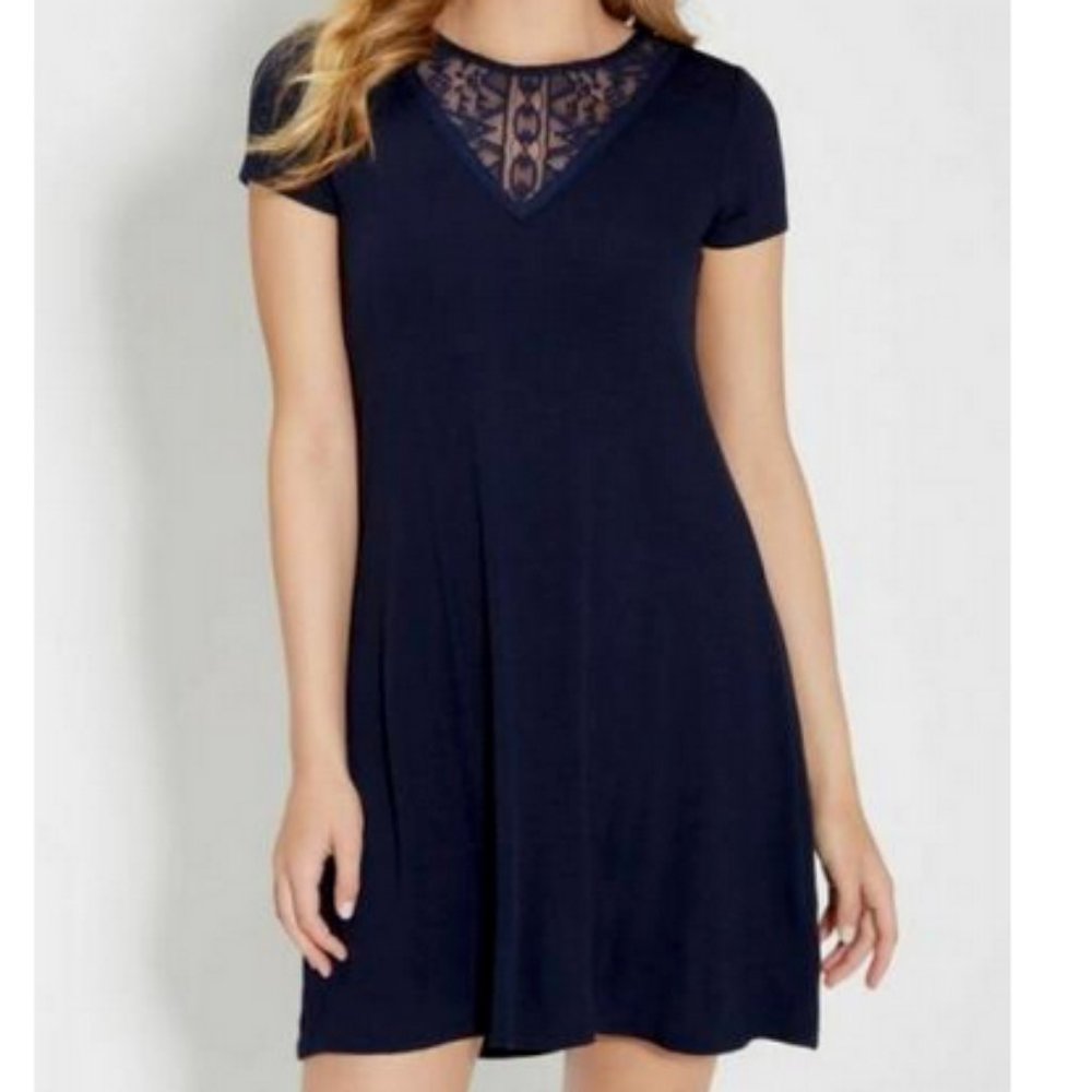 NWOT ~ Maurices Short Sleeve Dress w/ Crochet Lace Neckline ~ Navy Blue ~ 3X